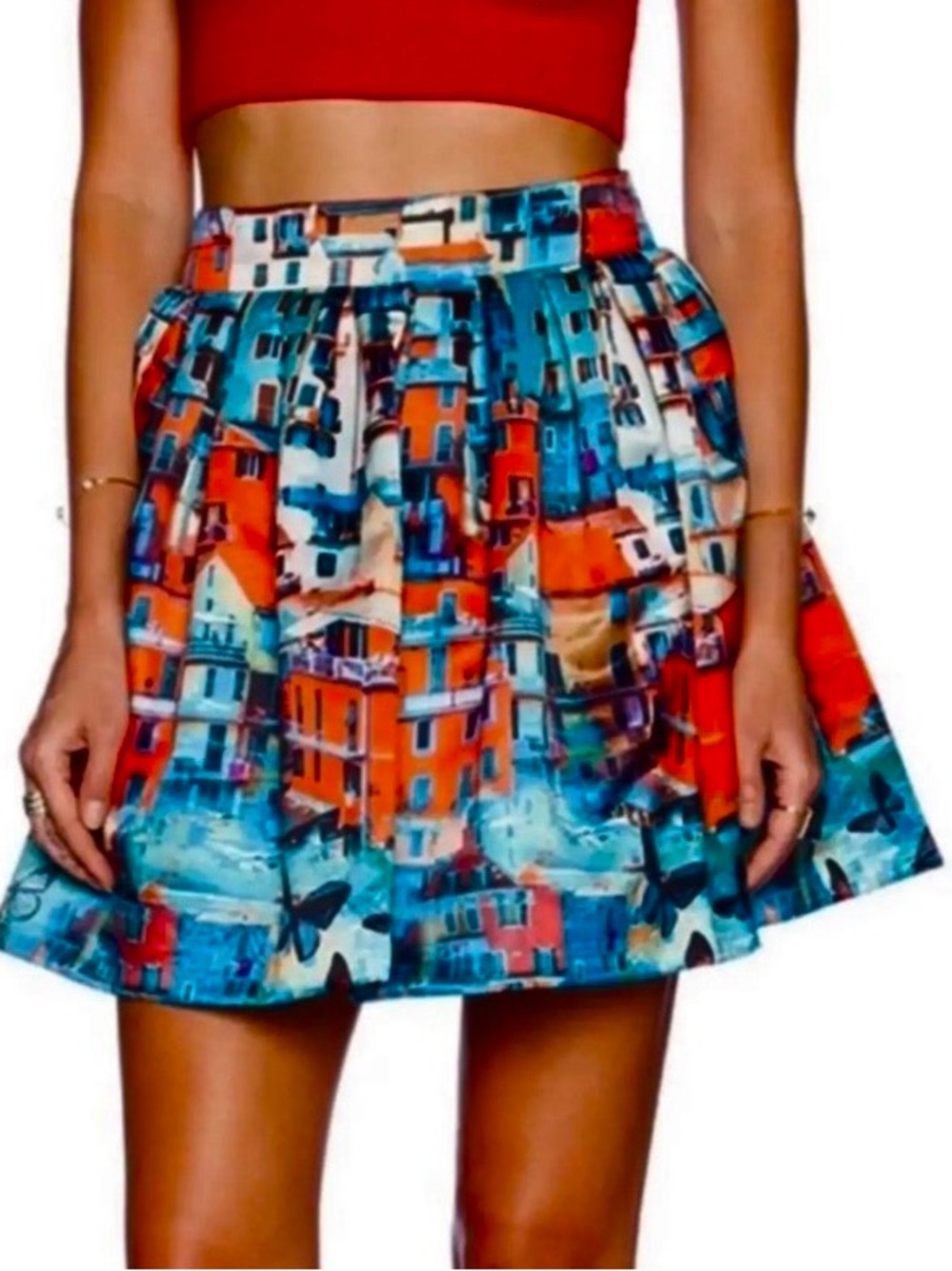 EUC Alice + Olivia Stora Box Pleat Skirt Butterfly Cityscape Size 0
